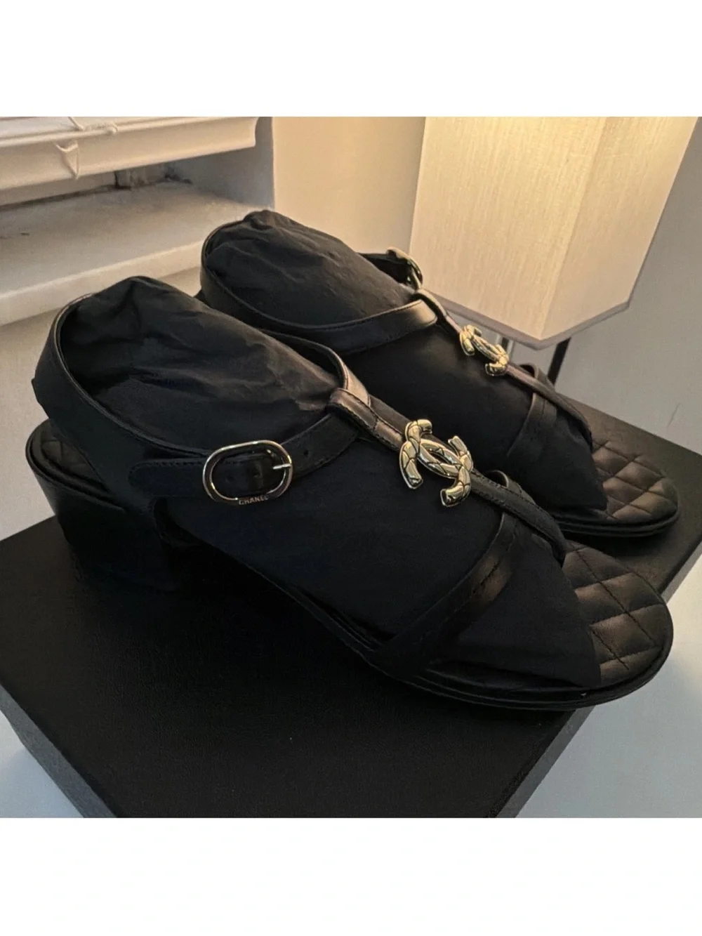 CHANEL G39740 Black Quilted Leather CC Logo Ankle Strap Sandals EU 39 NWB